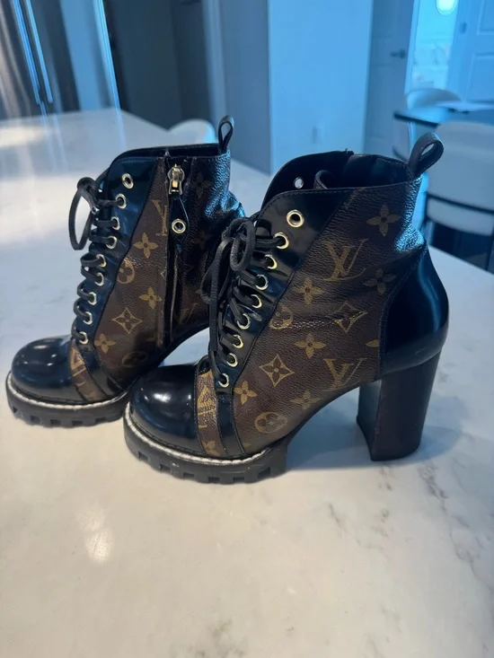 Louis Vuitton Monogram Lace-Up Chunky Heel Ankle Boots - Brown/Black - Picture 3 of 4